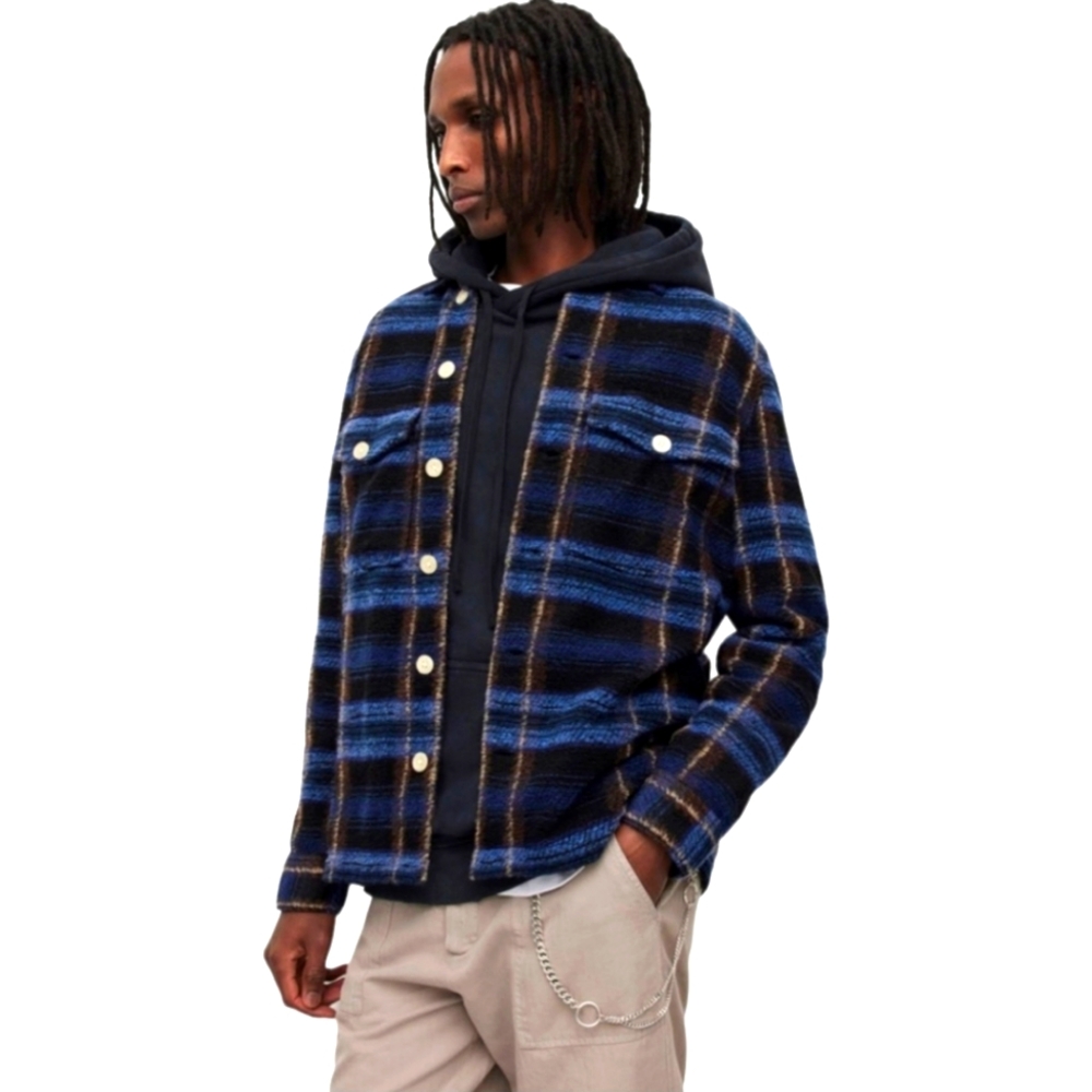 ALLSAINTS Voss Textured Check Blue Plaid Relaxed Fit Shirt Jacket Shacket Small